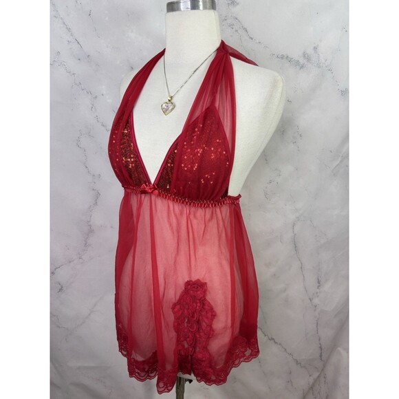 Vtg Fredericks Of Hollywood Red Babydoll Nightie Dress sz M Lingerie Mesh Gothic - Picture 11 of 15